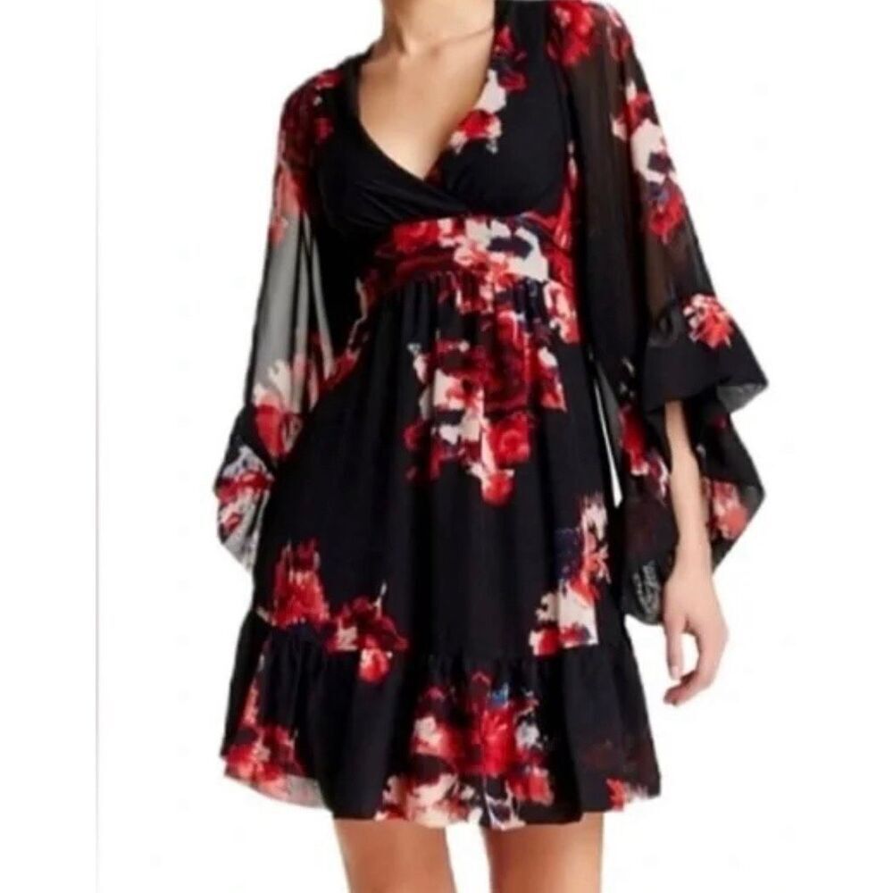 Betsy Johnson black and red floral bell sleeve empire waist dress 2